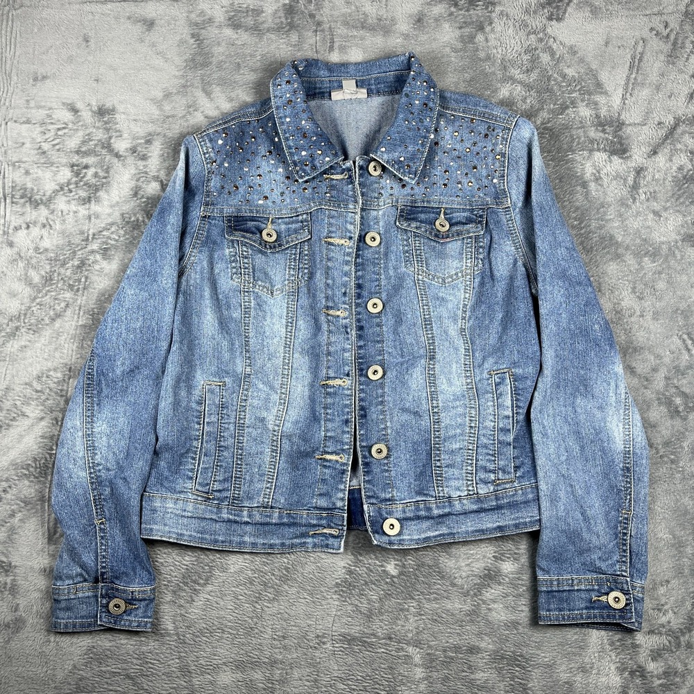 Roz & Ali Blue Denim Trucker Jacket Womens Large Embellished Metal Studs 0175